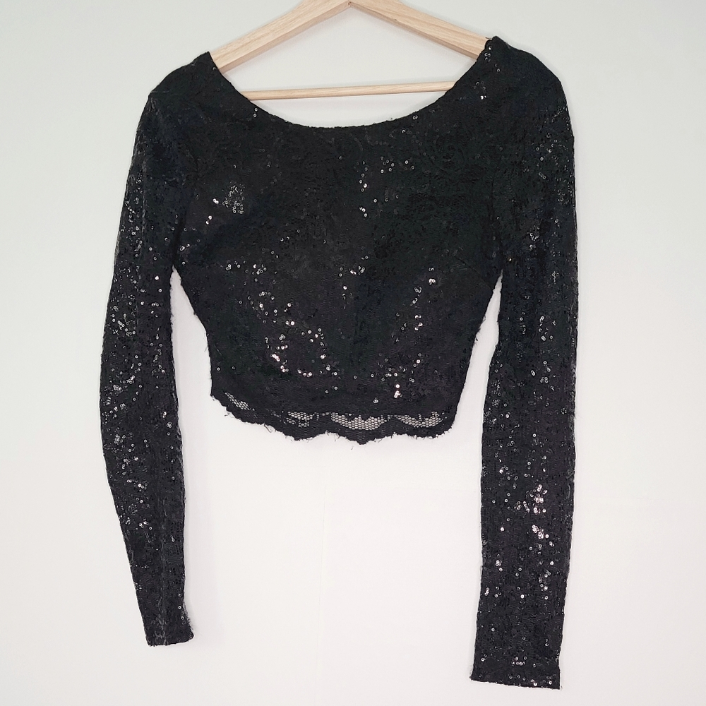 Jodi Kristopher Black Sequin Crop Top Long Sleeve Size Medium